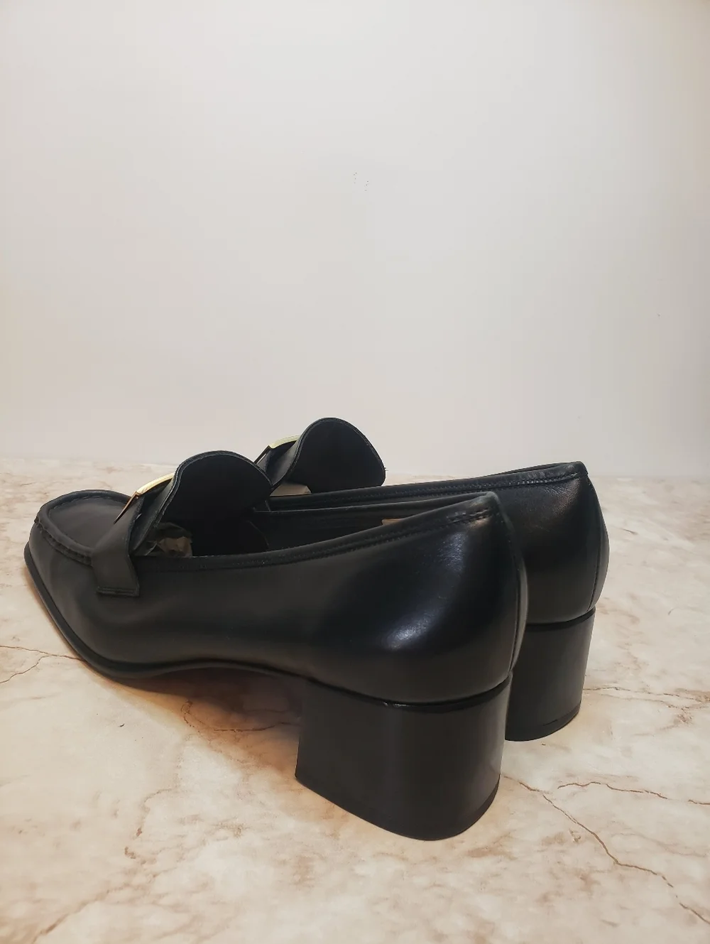 Salvatore Ferragamo Black Leather Women's Heeled Loafers with Gold Buckle 38